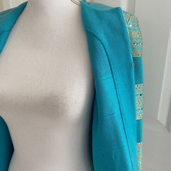 Vintage Y2K St. John Collection Turquoise Sequin Knit Crop Blazer Pants Set Size - Picture 7 of 16